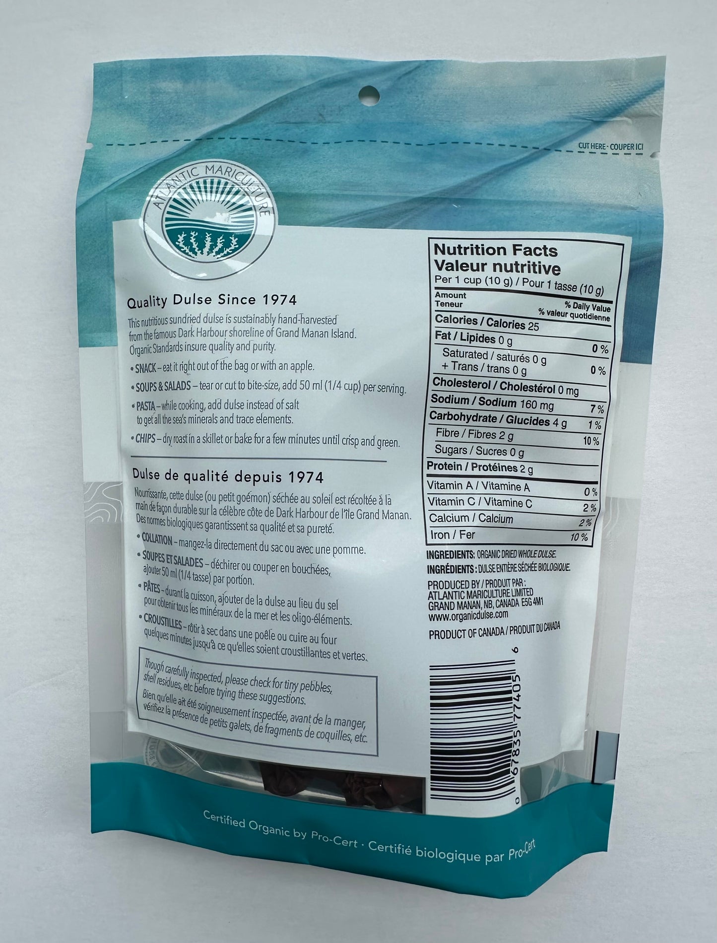 A Product of Canada- Atlantic Mariculture Dulse, Certified Organic, Hand Harvested Sea Vegetables, 40g