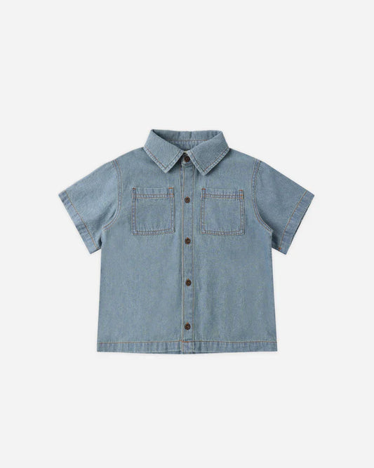 Denim Short Sleeve Overshirt | Washed Blue | Rylee & Cru