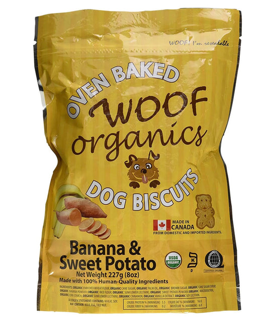 A Product of Canada- Woof Organics Plant Based Banana & Sweet Potato Dog Biscuits, 227g