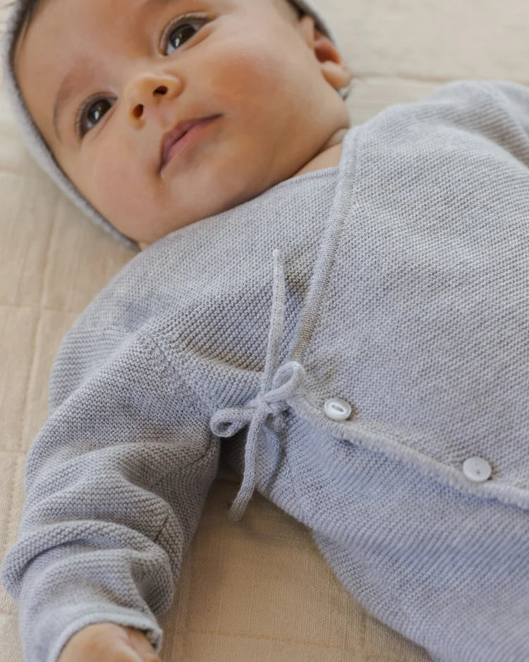 Wrap Knit Footie | Heathered Dusty Blue | Quincy Mae