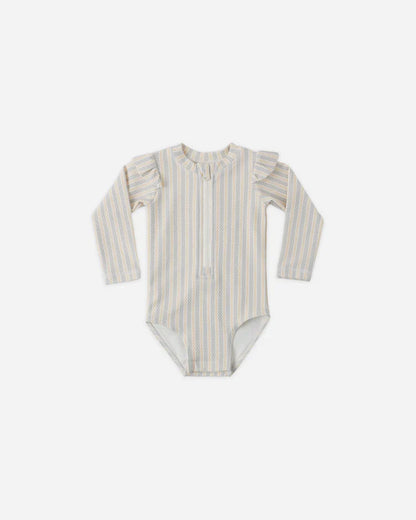 Byron Rashguard One-Piece | Blue + Butterscotch Stripe | Quincy Mae